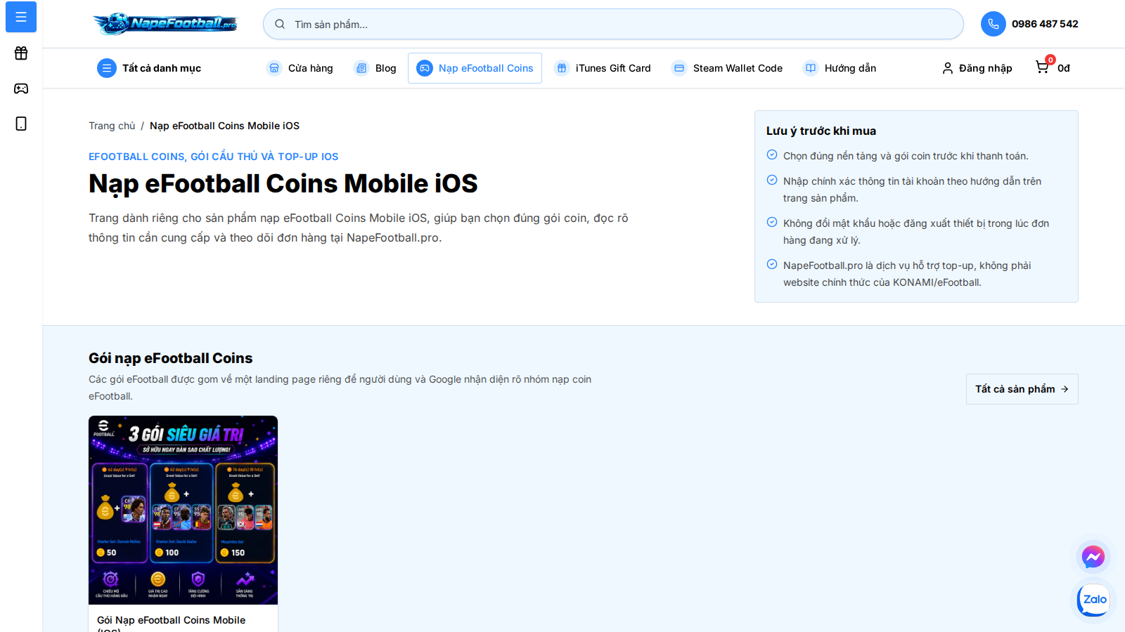 Gói nạp eFootball iOS cho người không muốn tự redeem Gift Card