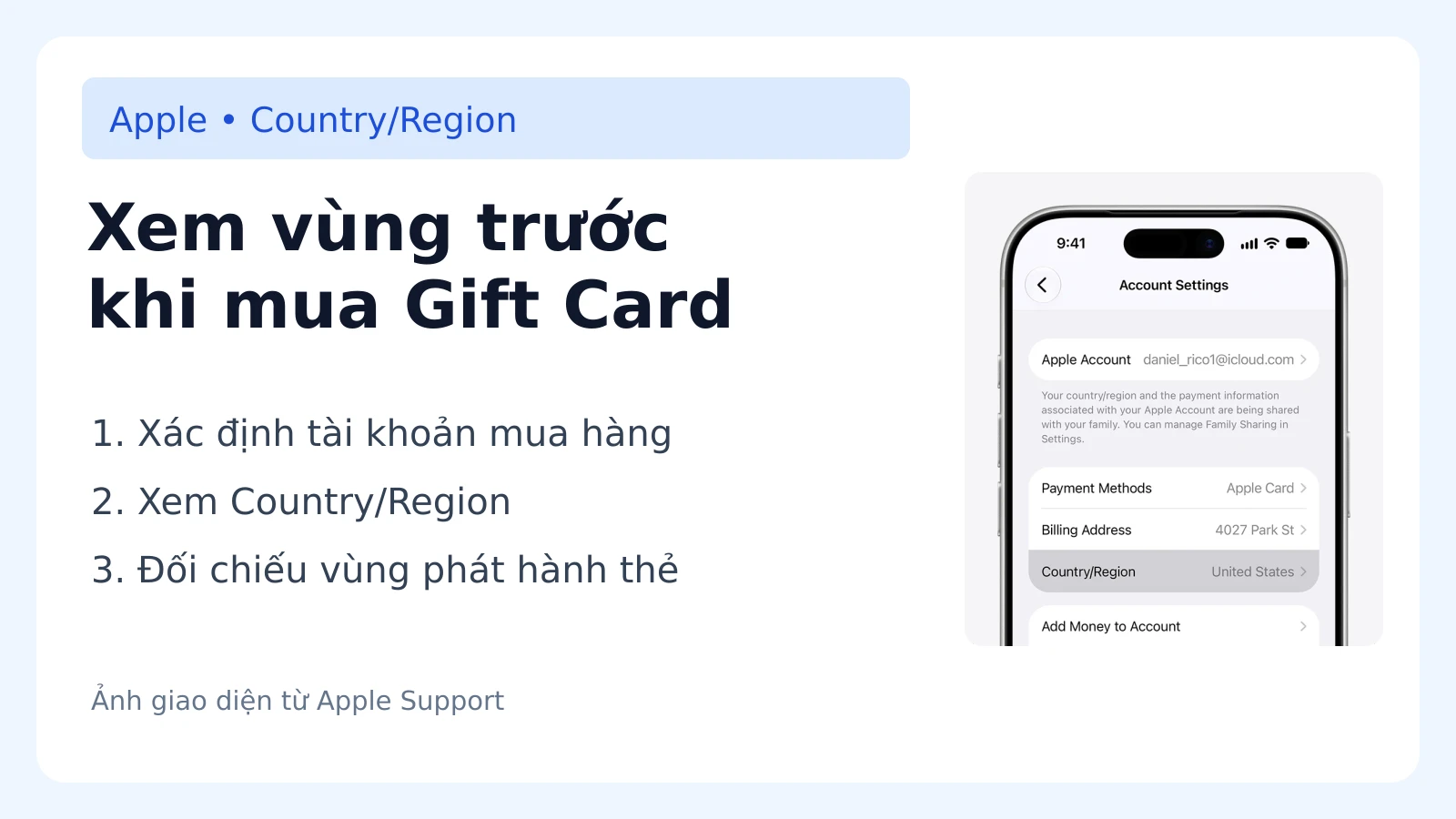 Xem vùng trước khi mua Gift Card — Ảnh giao diện từ Apple Support