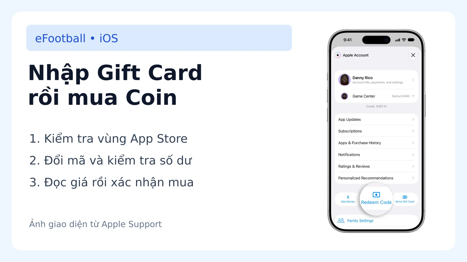 Nhập Gift Card rồi mua Coin — Ảnh giao diện từ Apple Support